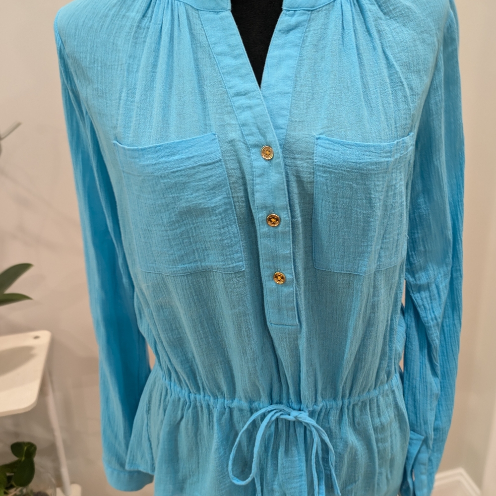 Michael Kors Blue Long Sleeve Blouse with Tie Front 100% Cotton Size Small